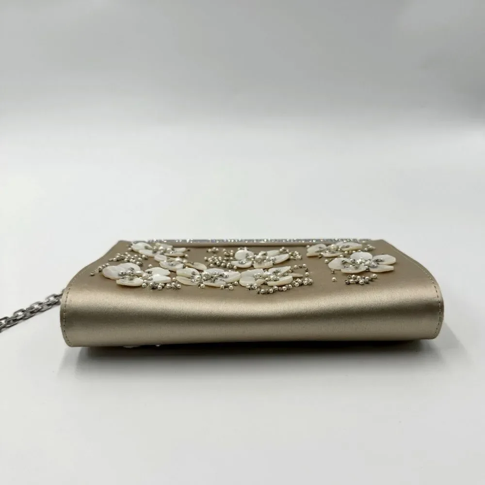 Auth Valentino Silk Floral Embroidered Crystal Framed Clutch Chain Evening Bag
